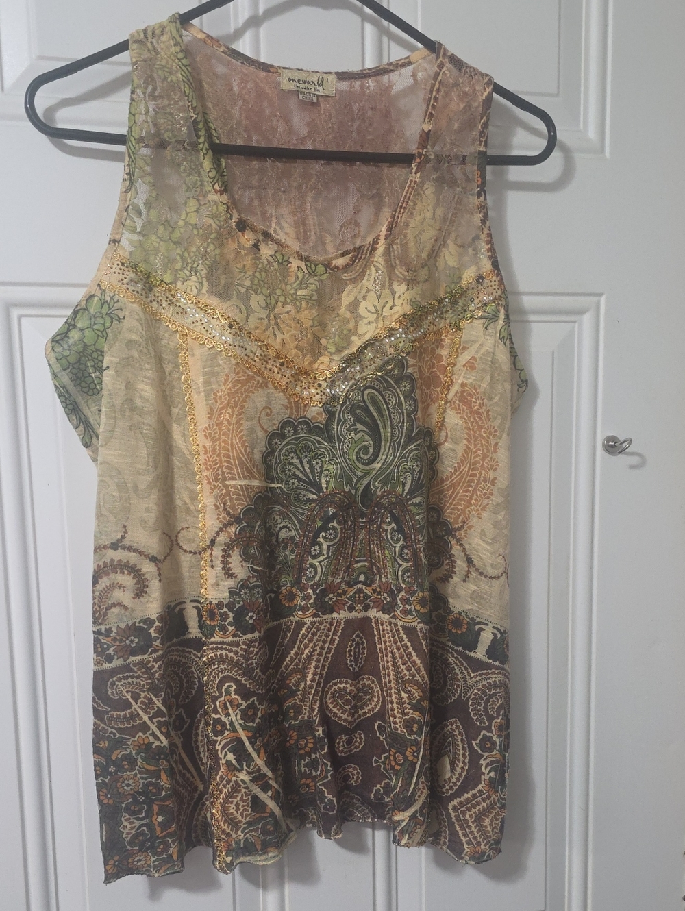 ONE WORLD Paisley Embellished Sleeveless Tank - Beige Green Brown